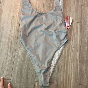 New Anthropologie Dippin' Daisy Swimsuit large Grey Gray one piece cheeky high